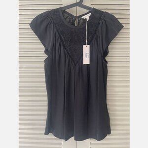 NWT Rebecca Taylor 100% Silk Short Sleeve Aztec Embroidered Top Black Size 4